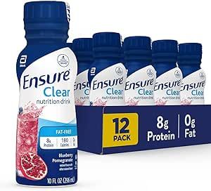 Ensure Liquid Clear Nutrition Drink, 0g fat, 8g of protein, Blueberry Pomegranate, 10 Fl Oz (Pack of 12), Bottle, gluten free