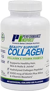 Performance Inspired Nutrition Collagen Joint/Skin/Nails/Beauty Support Capsules - Contains 5,000mcg of Biotin - Silica - Aloe Vera - Collagen Peptides - Hydrolyzed Acid – All-Natural - Big 120 Ct