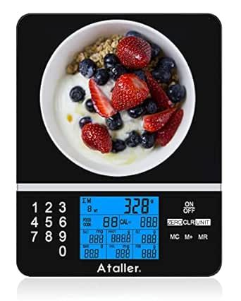 Ataller Kitchen Diet Scale, Digital Food Nutrition Scale with Nutrition Facts Display, Accurate Weight and Nutrient Calculator, Tempered Glass, Black, Max 5kg 11Ib, Graduation 1g