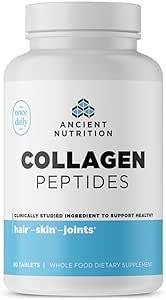 Ancient Nutrition Collagen Peptides, Collagen Peptides Tablets, Unflavored Hydrolyzed Collagen, Supports Healthy Skin, Hair, Joints, Gut, Gluten Free, Paleo, and Keto Friendly, 30 Count