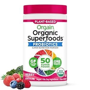 Orgain Organic Greens Powder + 50 Superfoods, Berry - 1 Billion Probiotics for Gut Health, Antioxidants, Vegan, Plant Based, Gluten Free, Non GMO, Dairy Free Juice & Smoothie Mix - 0.62lb