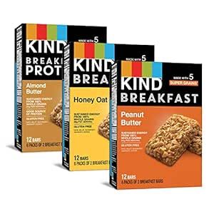 KIND Breakfast Bars, Variety Pack, Honey Oat, Almond Butter, Peanut Butter, Healthy Snacks, Gluten Free, 18 Count