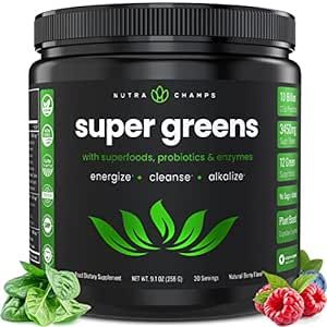 NutraChamps Super Greens Powder Premium Superfood | 20+ Organic Green Veggie Whole Foods | Wheat Grass, Spirulina, Chlorella & More | Antioxidant, Digestive Enzyme & Probiotic Blends