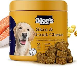 Moe’s Skin & Coat Omega 3, 6, 9 and Vitamin Supplement for Dogs- Supports Dryness, Itch Relief, & Thick, Shiny Coats- Premium Wild Alaskan Salmon Oil- For All Ages and Breeds- 90 Salmon Flavored Chews