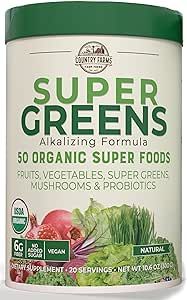 Country Farms Super Greens Powder Natural Flavor, 50 Organic Super Foods, USDA Organic Drink Mix, Fruits, Vegetables, Super Greens, Mushrooms & Probiotics, Supports Energy, 20 Servings, 10.6 Oz