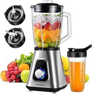 SHARDOR 1200W Blender for Shakes and Smoothies, Countertop Blender and Personal Blender Combo, 52oz Glass Jar, 22oz Travel Cup, 3 Adjustable Speed for Frozen Fruit Drinks, Smoothies, Sauces, Sliver