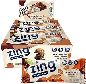 Zing Dark Chocolate Peanut Butter Vegan Protein Bars, Gluten Free with High Protein, High Fiber, Dairy Free Nutrition Bars, Plant Based Protein, Kosher, Low Sugar, No Sugar Alcohols - 12 count