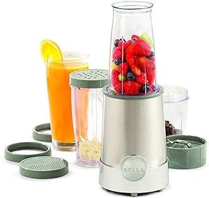 BELLA Personal Size Rocket Blender, Perfect for Smoothies, Shakes & Healthy Drinks, Easy Grinding, Chopping & Food Prep, 285 Watt Power Base, 12 Piece Blending Set, Stainless Steel