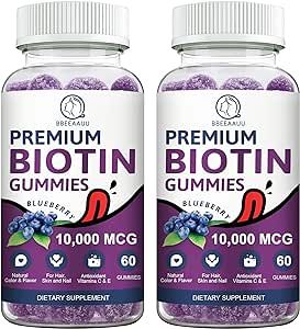 BBEEAAUU Biotin Gummies for Hair Growth, Biotin Hair, Skin & Nails Growth, 10000mg Vitamins Gummy for Women Men and Kids Vegan, Pectin Based, Blueberry Flavor - 120 Count