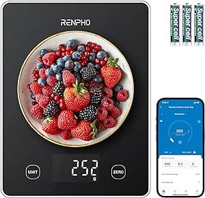 RENPHO Food Scale, Smart Kitchen Scale, Digital Cooking Scale with Nutrition Calculator, Weight Grams and Ounces, Food Weight Scale for Cooking Baking Keto Marco Diet, Black Glass, 22lb/10kg