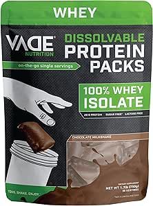 VADE Nutrition Dissolvable Protein Packs - 100% Whey Isolate Protein Powder Chocolate Milkshake - Low Carb, Low Calorie, Lactose Free, Sugar Free, Fat Free, Gluten Free - 30 Packets to Go