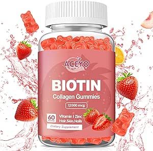 ACEYO Organic Biotin Collagen Gummies 12000mcg for Hair Growth with Zinc Women Men Skin and Nails Care Supplements Vitamins Vegan Strawberry Flavor